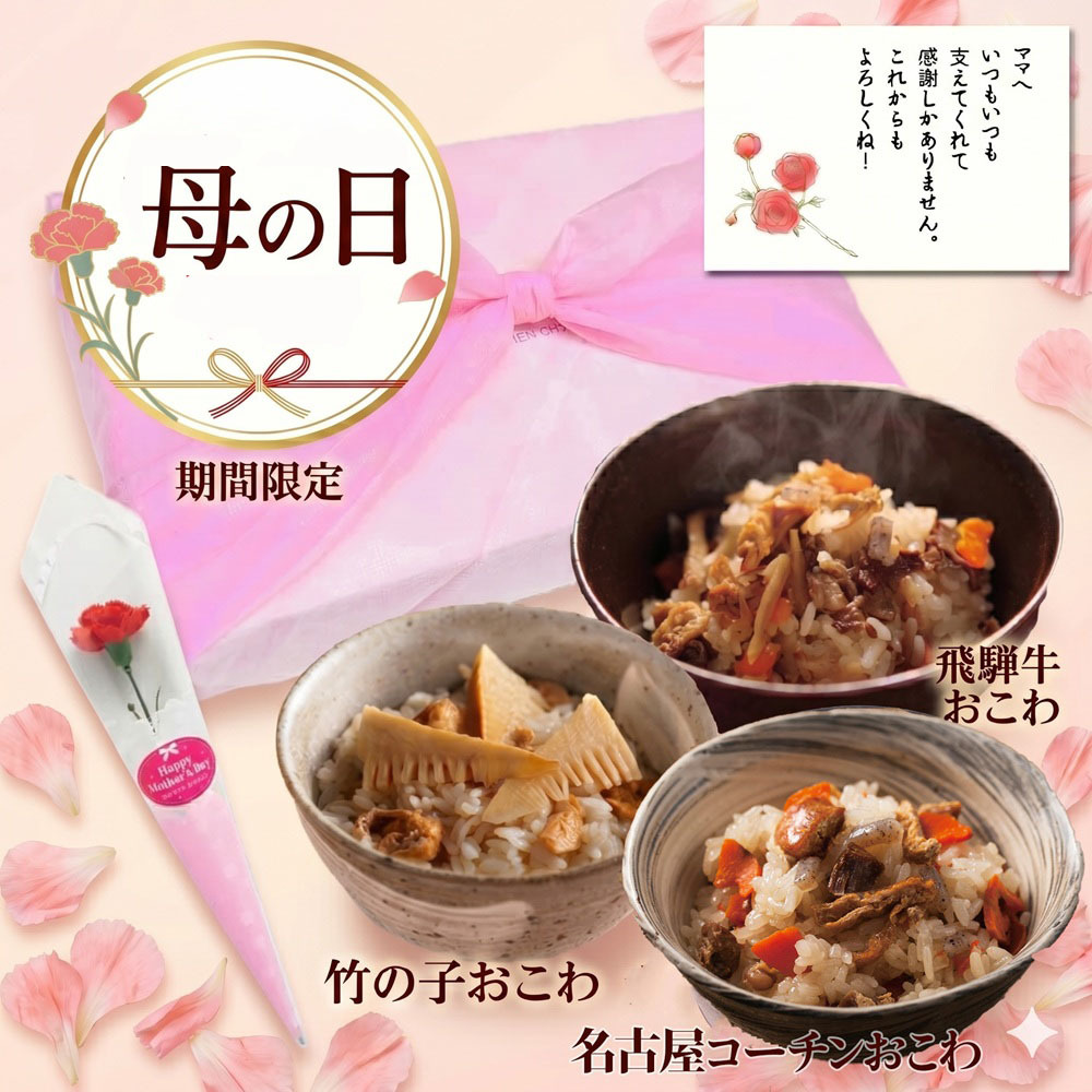 母の日ギフト  輝夜姫（かぐやひめ）ギフトセット【竹の子おこわ２合セット、名古屋コーチンおこわ2合セット、飛騨牛おこわ2合セット、化粧箱入】