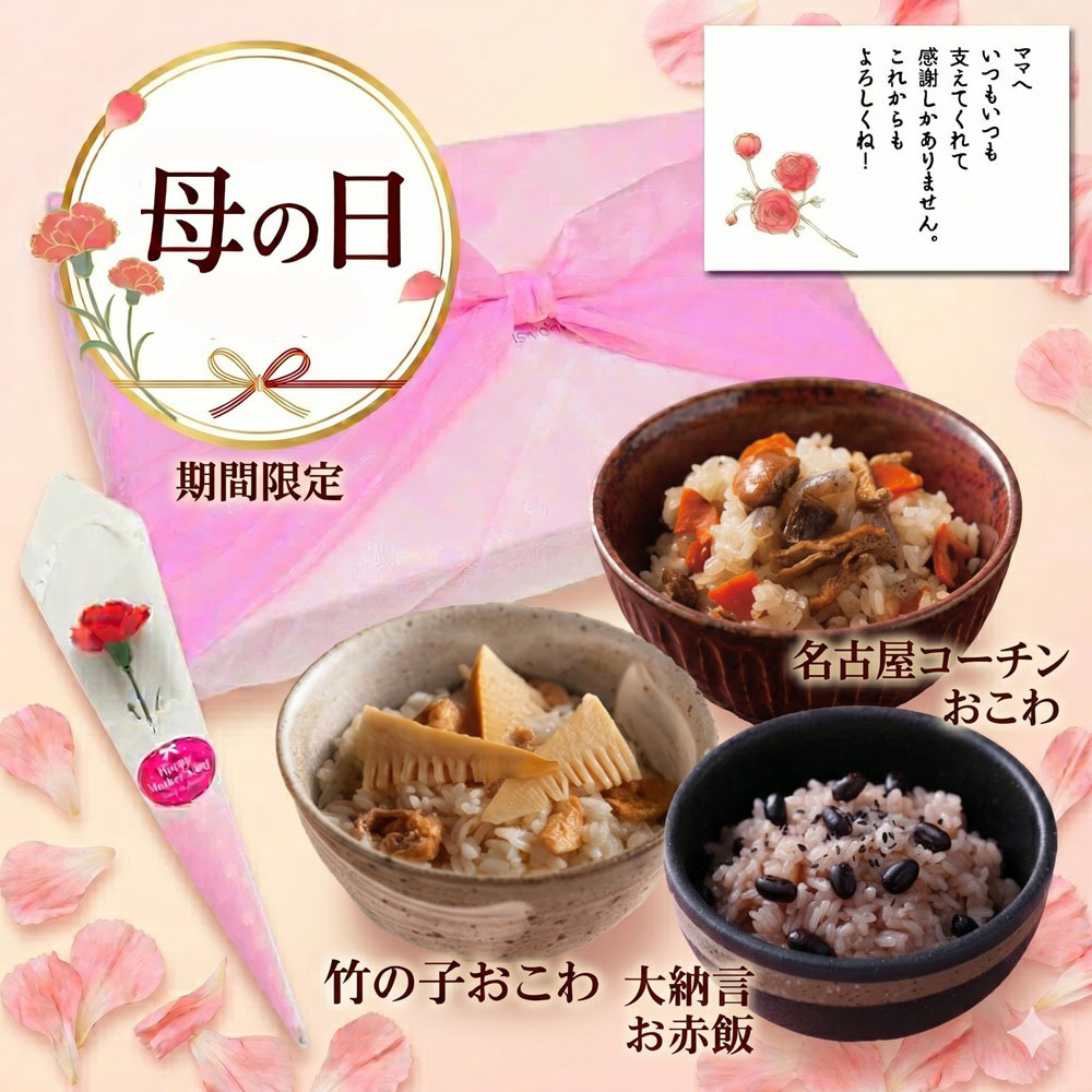 母の日ギフト  竹取翁（たけとりのおきな）ギフトセット【竹の子おこわ２合セット、名古屋コーチンおこわ2合セット、大納言お赤飯2合セット、化粧箱入】